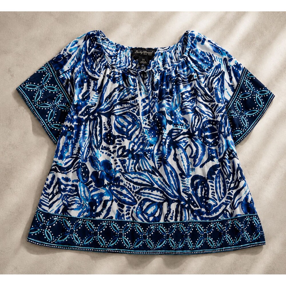 Lucky Brand Womens 1X Peasant Blouse Blue Floral Boho Rayon Border Print Top